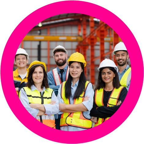 group photo of employees contained in circle with pink outline